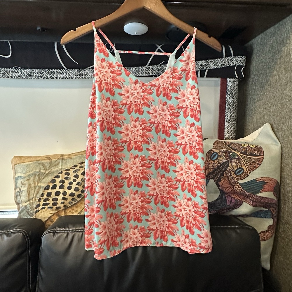 LOFT Azalea Floral Top Size XS Relaxed Fit Orange Pink Turquoise Summer Feminine